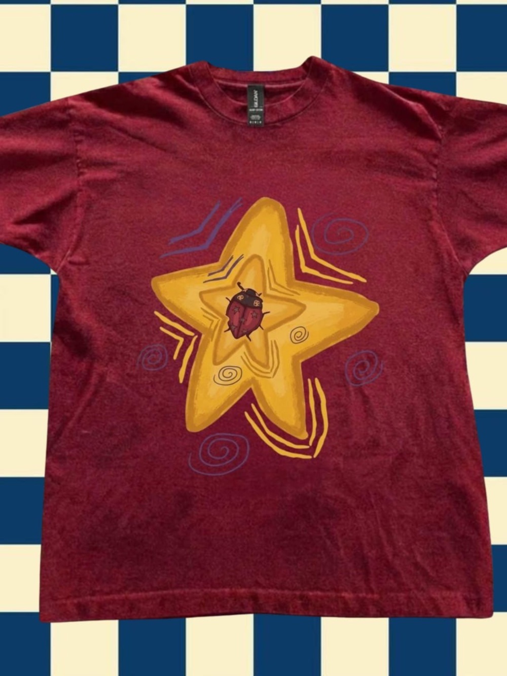 Red Maroon Tee with Yellow Star and Ladybug Accent